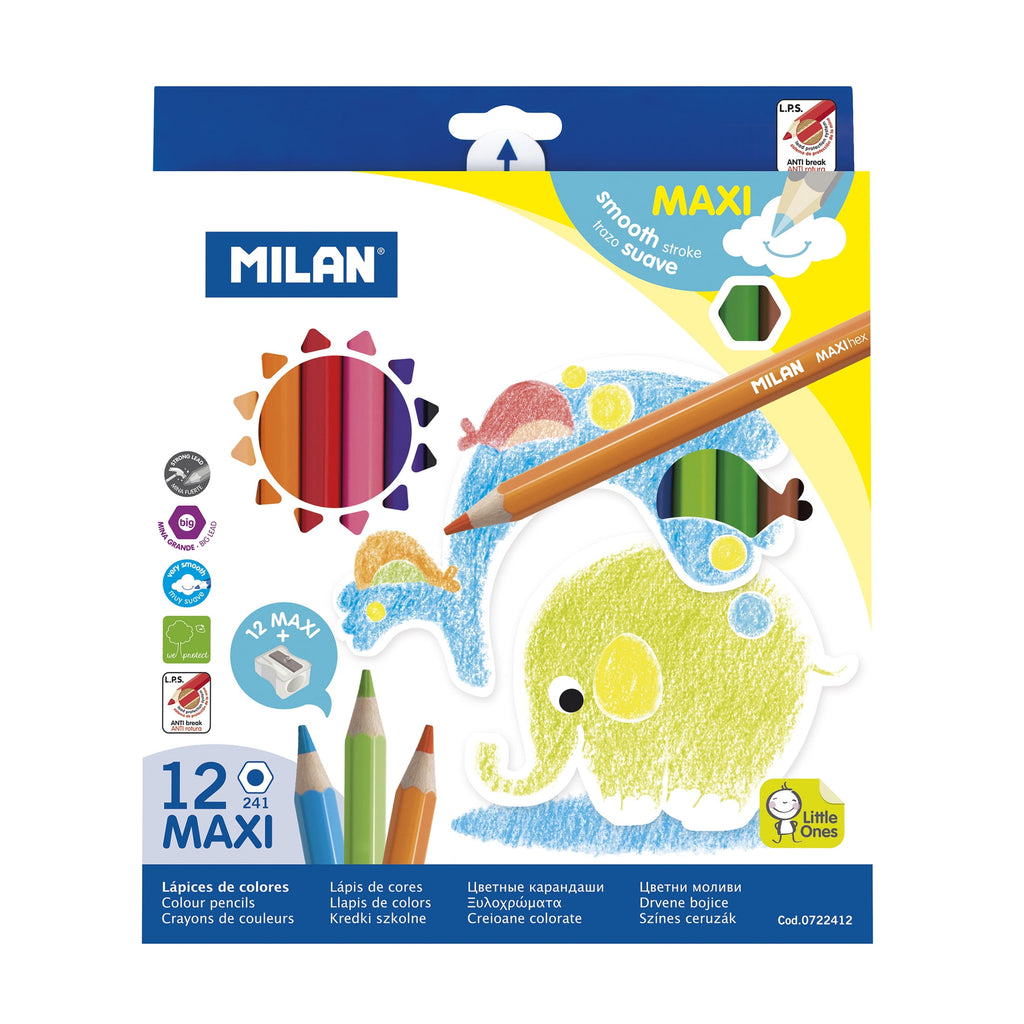 MILAN MAXI Hexagonal Colored Pencils Comes with Sharpener, Multicolor 12 Count