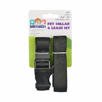 Mimetin Pet Collar and Leash Adjustable Dog Collar, Black, One Size, 2 Piece Set